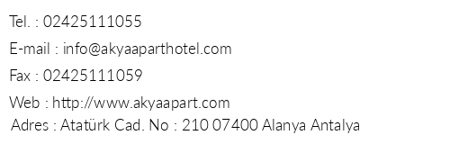 Akya Apart Hotel telefon numaralar, faks, e-mail, posta adresi ve iletiim bilgileri